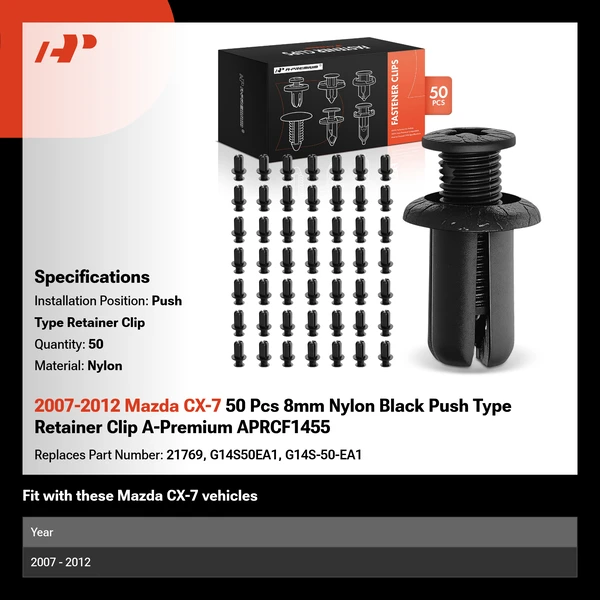 2007-2012 Mazda CX-7 50 Pcs 8mm Nylon Black Push Type Retainer Clip A-Premium APRCF1455