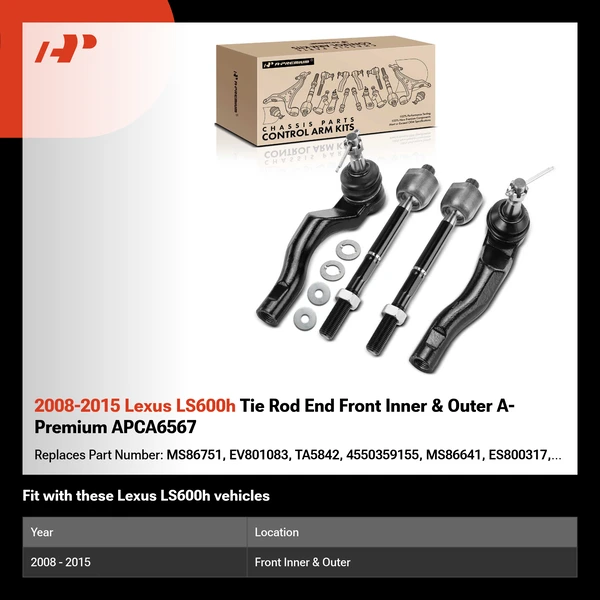 2008-2015 Lexus LS600h Tie Rod End Front Inner & Outer A-Premium APCA6567