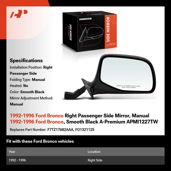 1992-1996 Ford Bronco Right Passenger Side Mirror, Manual 1992-1996 Ford Bronco, Smooth Black A-Premium APMI1227TW