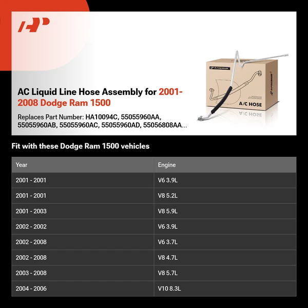 AC Liquid Line Hose Assembly for 2001-2008 Dodge Ram 1500