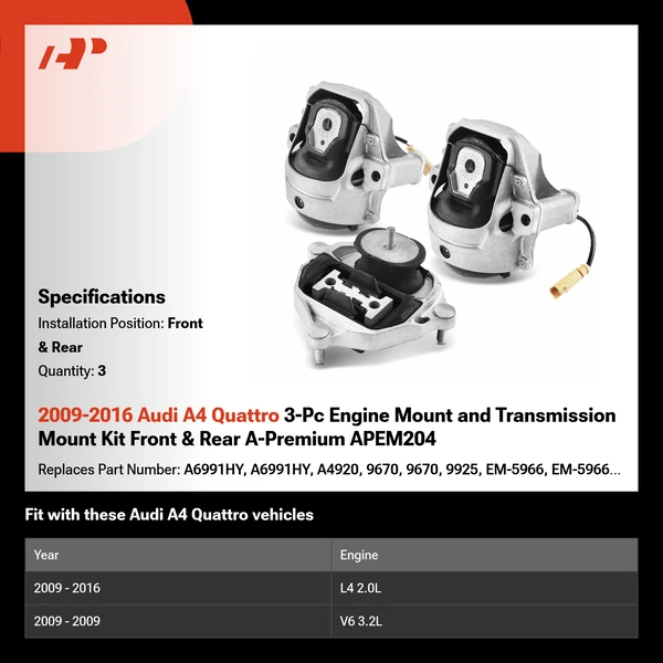 2009-2016 Audi A4 Quattro 3-Pc Engine Mount and Transmission Mount Kit Front & Rear A-Premium APEM204