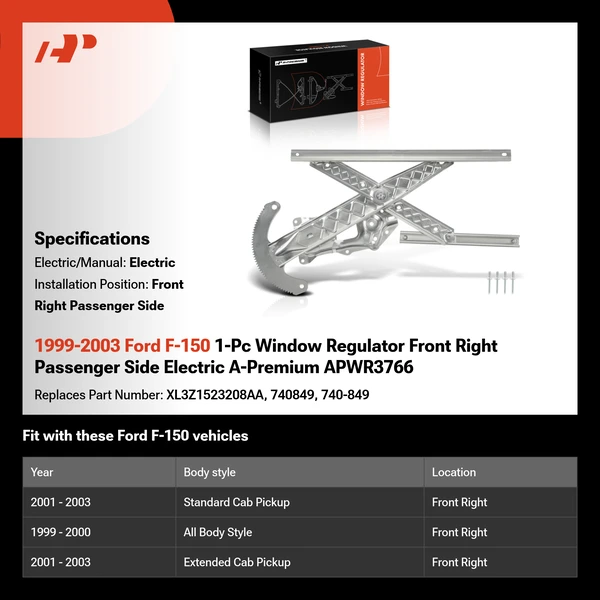 1999-2003 Ford F-150 1-Pc Window Regulator Front Right Passenger Side Electric A-Premium APWR3766