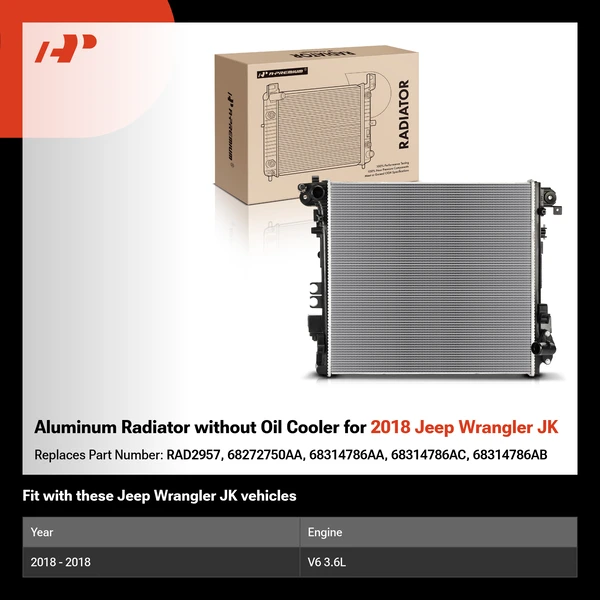 Aluminum Radiator without Oil Cooler for 2018 Jeep Wrangler JK
