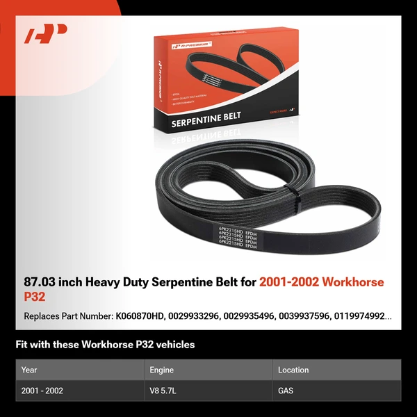 87.03 inch Heavy Duty Serpentine Belt for 2001-2002 Workhorse P32
