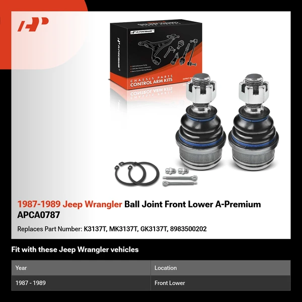 1987-1989 Jeep Wrangler Ball Joint Front Lower A-Premium APCA0787