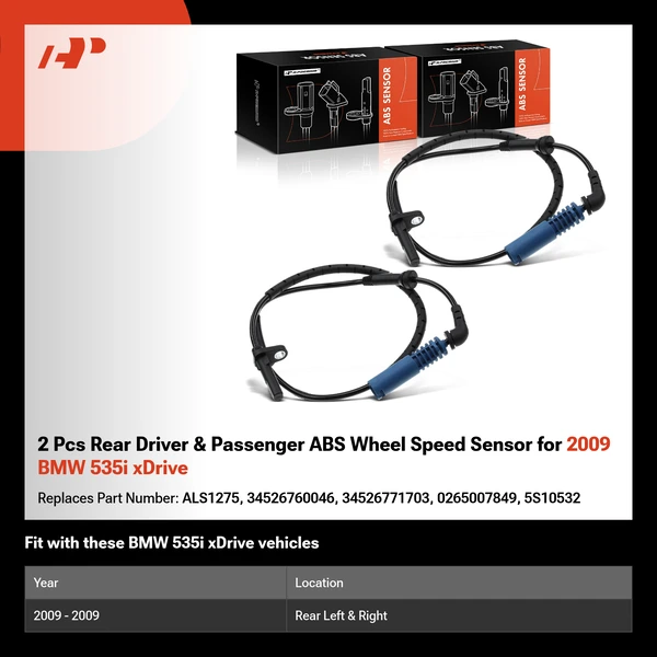 2 Pcs Rear Driver & Passenger ABS Wheel Speed Sensor for 2009 BMW 535i xDrive