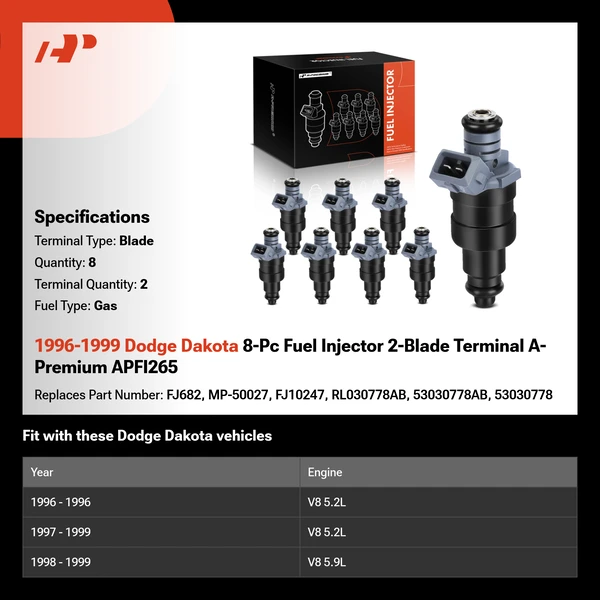 1996-1999 Dodge Dakota 8-Pc Fuel Injector 2-Blade Terminal A-Premium APFI265