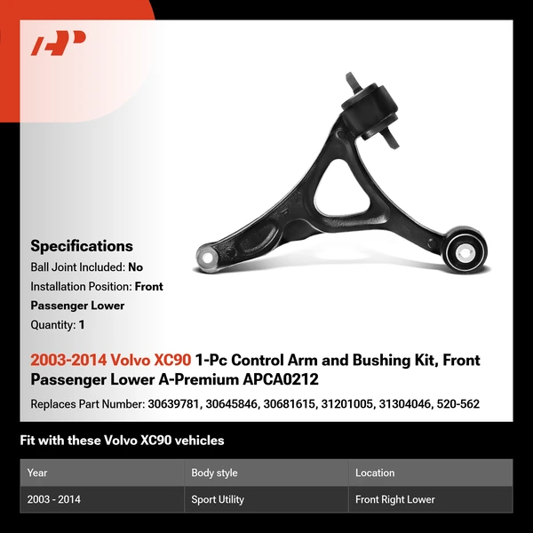 2003-2014 Volvo XC90 1-Pc Control Arm and Bushing Kit, Front Passenger Lower A-Premium APCA0212