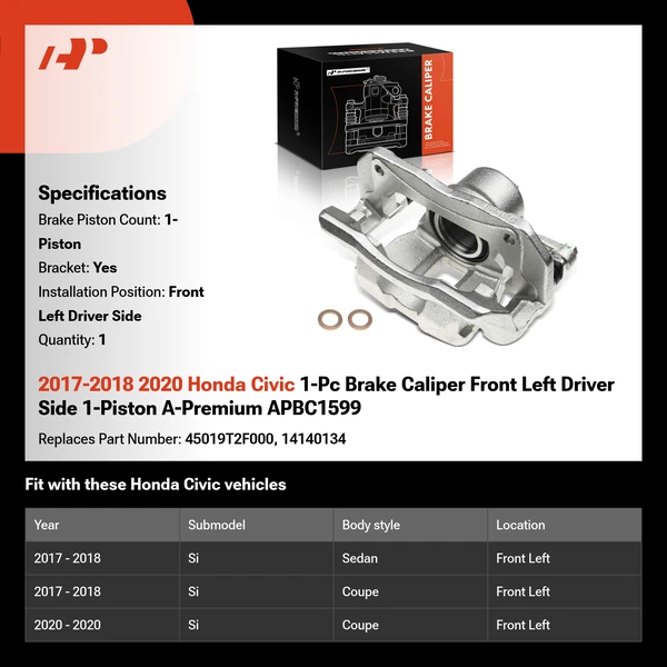 2017-2018 2020 Honda Civic 1-Pc Brake Caliper Front Left Driver Side 1-Piston A-Premium APBC1599