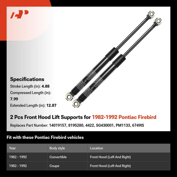 2 Pcs Front Hood Lift Supports for 1982-1992 Pontiac Firebird