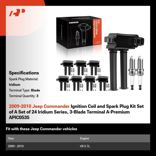 2009-2010 Jeep Commander Ignition Coil and Spark Plug Kit Set of A Set of 24 Iridium Series, 3-Blade Terminal A-Premium APIC0535