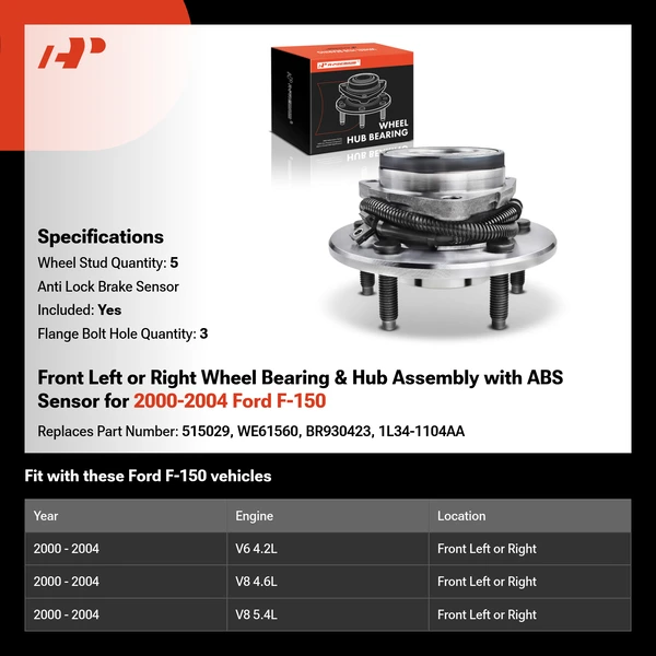 Front Left or Right Wheel Bearing & Hub Assembly with ABS Sensor for 2000-2004 Ford F-150