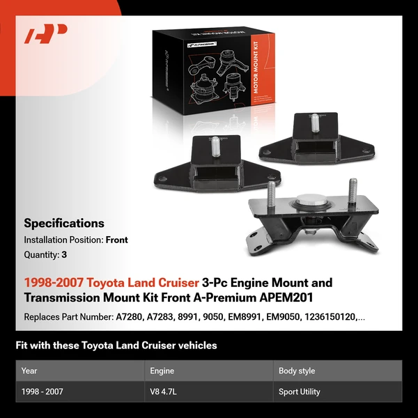 1998-2007 Toyota Land Cruiser 3-Pc Engine Mount and Transmission Mount Kit Front A-Premium APEM201