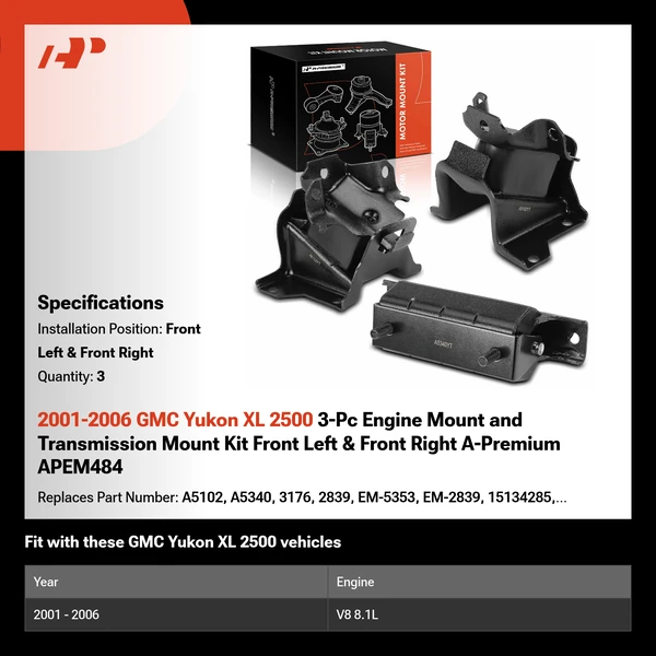 2001-2006 GMC Yukon XL 2500 3-Pc Engine Mount and Transmission Mount Kit Front Left & Front Right A-Premium APEM484