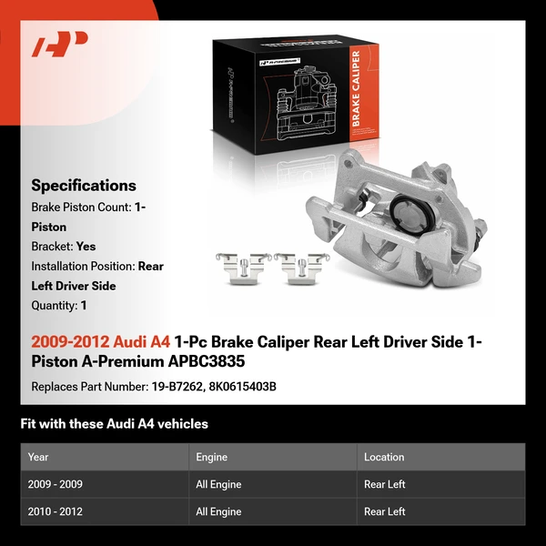 2009-2012 Audi A4 1-Pc Brake Caliper Rear Left Driver Side 1-Piston A-Premium APBC3835