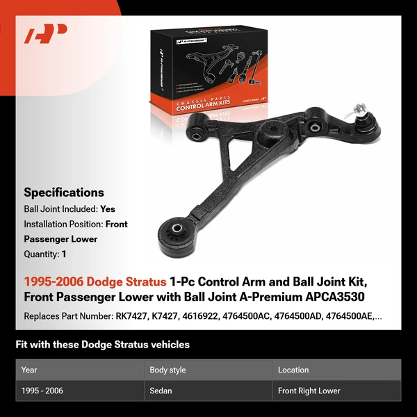 1995-2006 Dodge Stratus 1-Pc Control Arm and Ball Joint Kit, Front Passenger Lower with Ball Joint A-Premium APCA3530