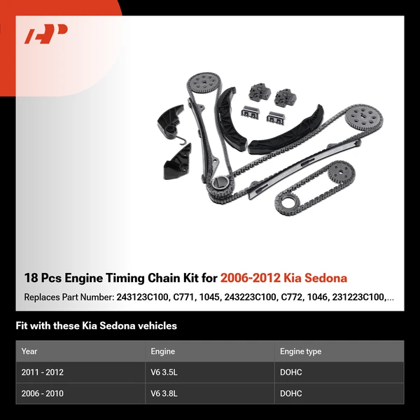 18 Pcs Engine Timing Chain Kit for 2006-2012 Kia Sedona