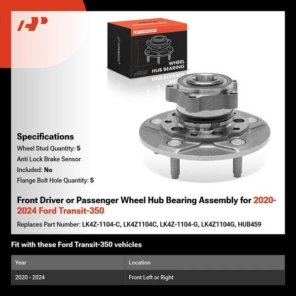 Front Driver or Passenger Wheel Hub Bearing Assembly for 2020-2024 Ford Transit-350