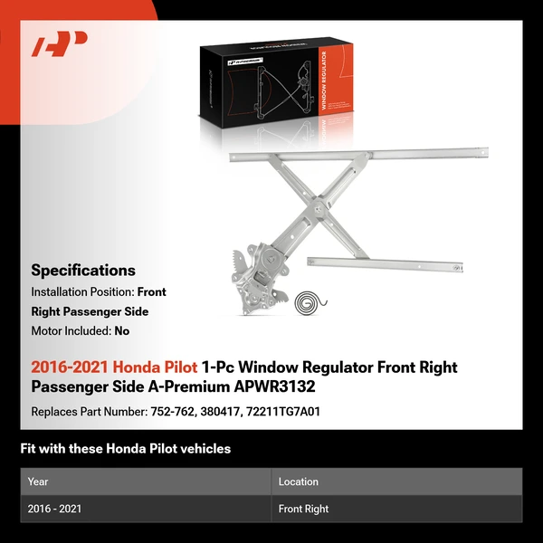 2016-2021 Honda Pilot 1-Pc Window Regulator Front Right Passenger Side A-Premium APWR3132