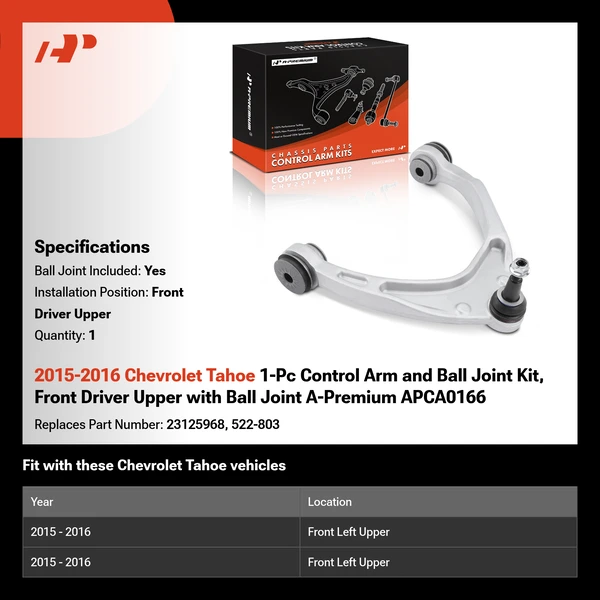 2015-2016 Chevrolet Tahoe 1-Pc Control Arm and Ball Joint Kit, Front Driver Upper with Ball Joint A-Premium APCA0166