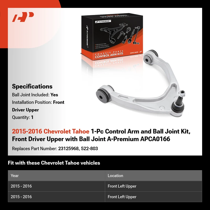 2015-2016 Chevrolet Tahoe 1-Pc Control Arm and Ball Joint Kit, Front Driver Upper with Ball Joint A-Premium APCA0166