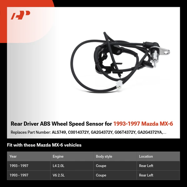 Rear Driver ABS Wheel Speed Sensor for 1993-1997 Mazda MX-6