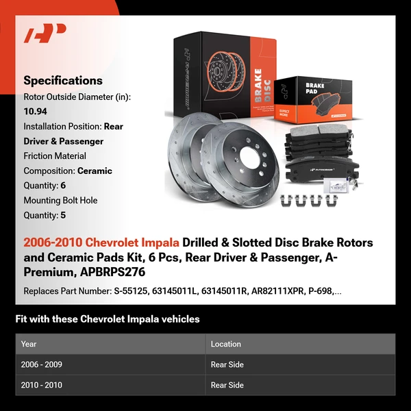 2006-2010 Chevrolet Impala Drilled & Slotted Disc Brake Rotors and Ceramic Pads Kit, 6 Pcs, Rear Driver & Passenger, A-Premium, APBRPS276
