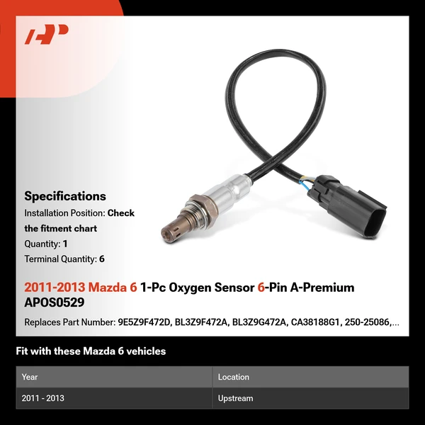 2011-2013 Mazda 6 1-Pc Oxygen Sensor 6-Pin A-Premium APOS0529