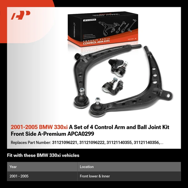 2001-2005 BMW 330xi A Set of 4 Control Arm and Ball Joint Kit Front Side A-Premium APCA0299