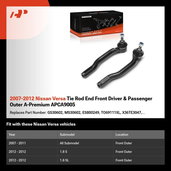 2007-2012 Nissan Versa Tie Rod End Front Driver & Passenger Outer A-Premium APCA9005