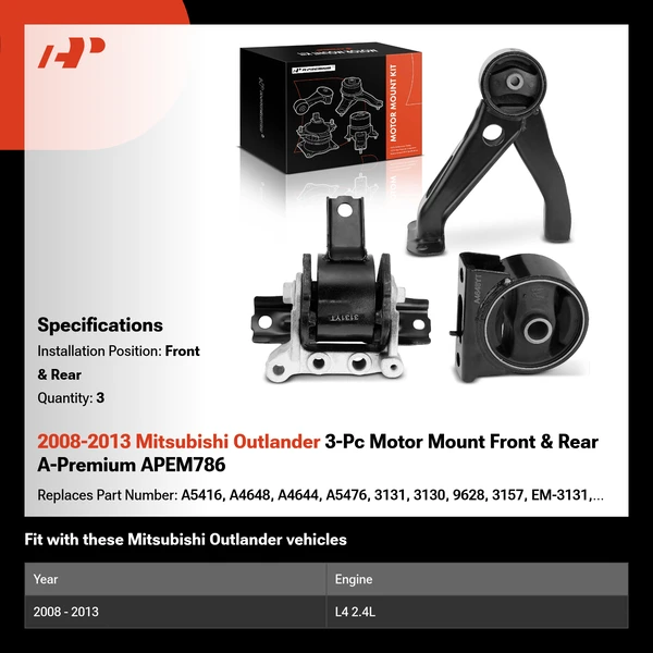 2008-2013 Mitsubishi Outlander 3-Pc Motor Mount Front & Rear A-Premium APEM786