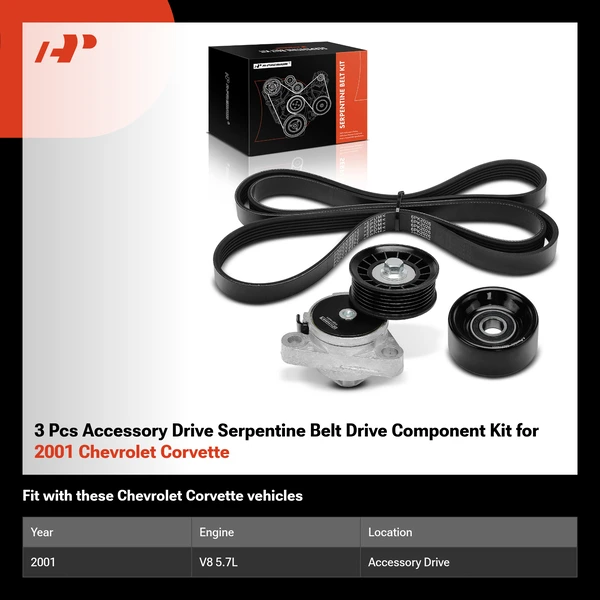 3 Pcs Accessory Drive Serpentine Belt Drive Component Kit for 2001 Chevrolet Corvette