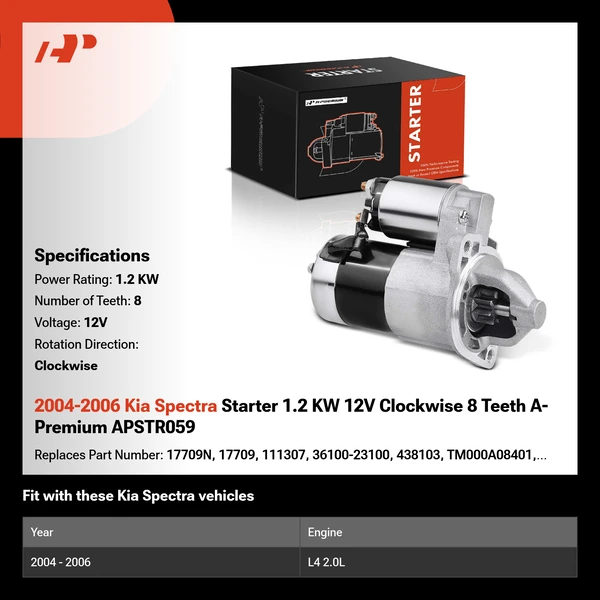 2004-2006 Kia Spectra Starter 1.2 KW 12V Clockwise 8 Teeth A-Premium APSTR059