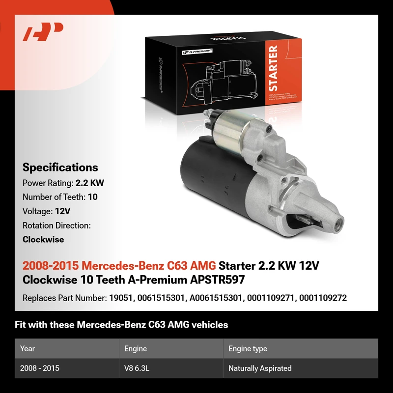 2008-2015 Mercedes-Benz C63 AMG Starter 2.2 KW 12V Clockwise 10 Teeth A-Premium APSTR597
