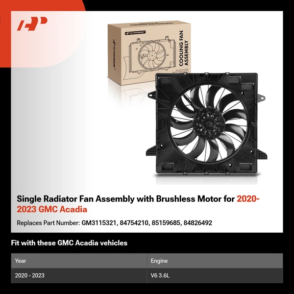 Single Radiator Fan Assembly with Brushless Motor for 2020-2023 GMC Acadia