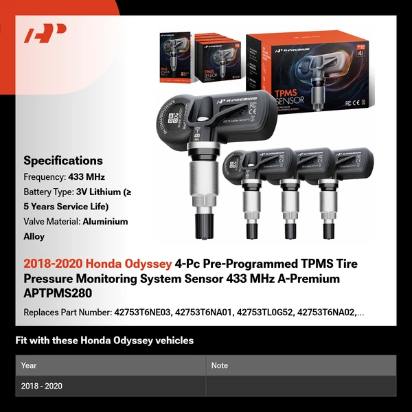 2018-2020 Honda Odyssey 4-Pc Pre-Programmed TPMS Tire Pressure Monitoring System Sensor 433 MHz A-Premium APTPMS280