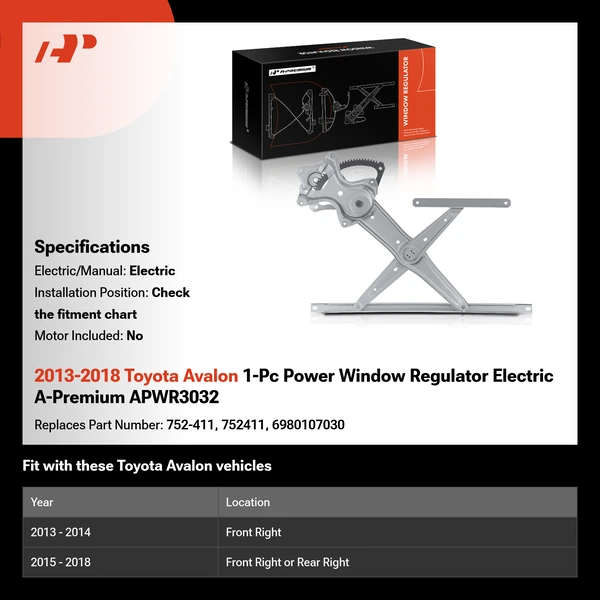 2013-2018 Toyota Avalon 1-Pc Power Window Regulator Electric A-Premium APWR3032