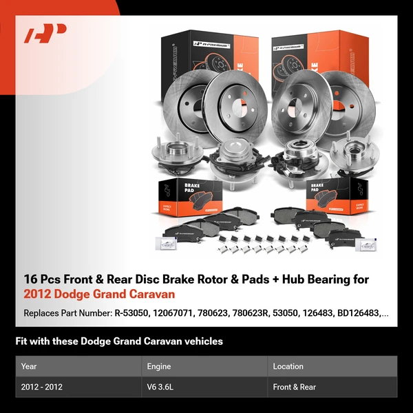 16 Pcs Front & Rear Disc Brake Rotor & Pads + Hub Bearing for 2012 Dodge Grand Caravan