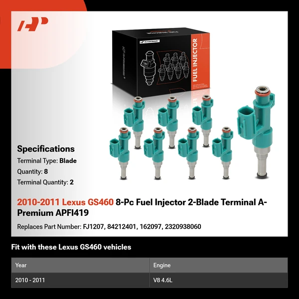 2010-2011 Lexus GS460 8-Pc Fuel Injector 2-Blade Terminal A-Premium APFI419