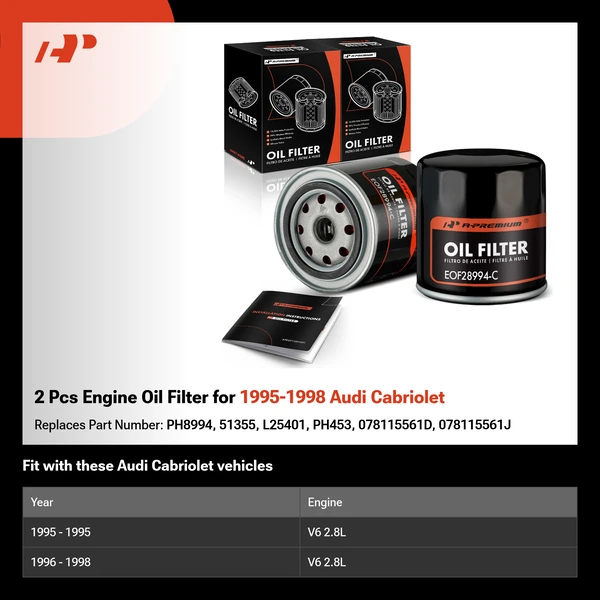 2 Pcs Engine Oil Filter for 1995-1998 Audi Cabriolet