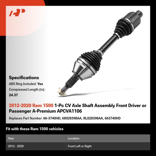 2012-2020 Ram 1500 1-Pc CV Axle Shaft Assembly Front Driver or Passenger A-Premium APCVA1106