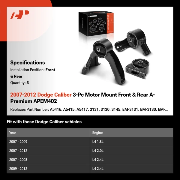 2007-2012 Dodge Caliber 3-Pc Motor Mount Front & Rear A-Premium APEM402