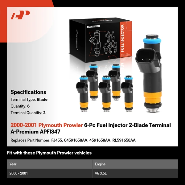 2000-2001 Plymouth Prowler 6-Pc Fuel Injector 2-Blade Terminal A-Premium APFI347