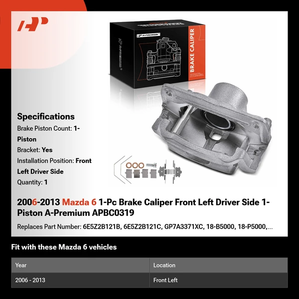 2006-2013 Mazda 6 1-Pc Brake Caliper Front Left Driver Side 1-Piston A-Premium APBC0319