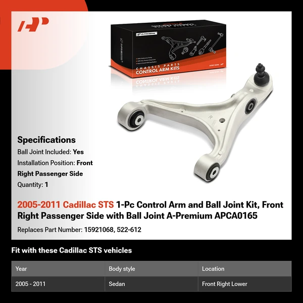 2005-2011 Cadillac STS 1-Pc Control Arm and Ball Joint Kit, Front Right Passenger Side with Ball Joint A-Premium APCA0165