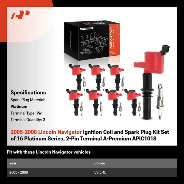 2005-2008 Lincoln Navigator Ignition Coil and Spark Plug Kit Set of 16 Platinum Series, 2-Pin Terminal A-Premium APIC1018