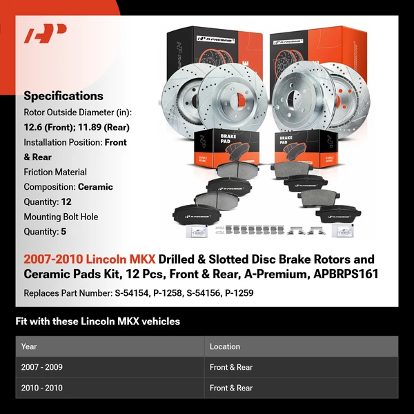 2007-2010 Lincoln MKX Drilled & Slotted Disc Brake Rotors and Ceramic Pads Kit, 12 Pcs, Front & Rear, A-Premium, APBRPS161