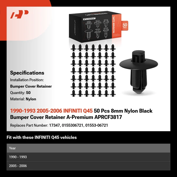 1990-1993 2005-2006 INFINITI Q45 50 Pcs 8mm Nylon Black Bumper Cover Retainer A-Premium APRCF3817