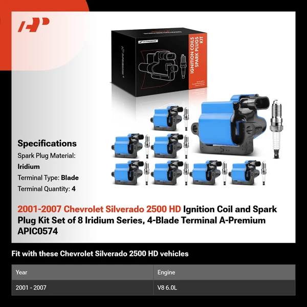 2001-2007 Chevrolet Silverado 2500 HD Ignition Coil and Spark Plug Kit Set of 8 Iridium Series, 4-Blade Terminal A-Premium APIC0574