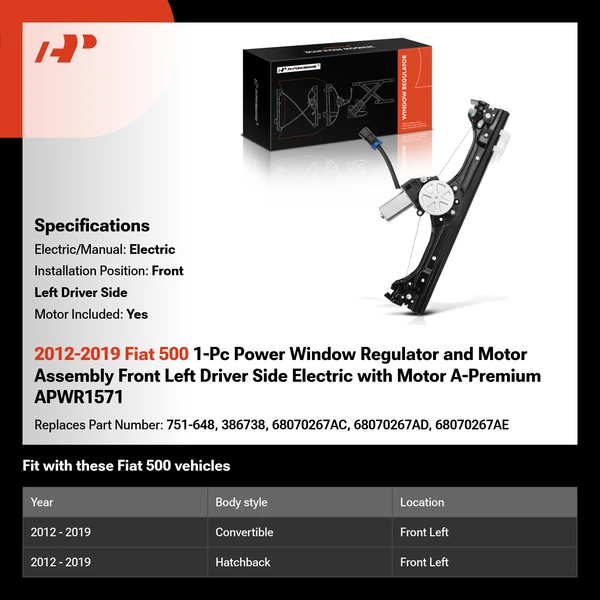 2012-2019 Fiat 500 1-Pc Power Window Regulator and Motor Assembly Front Left Driver Side Electric with Motor A-Premium APWR1571
